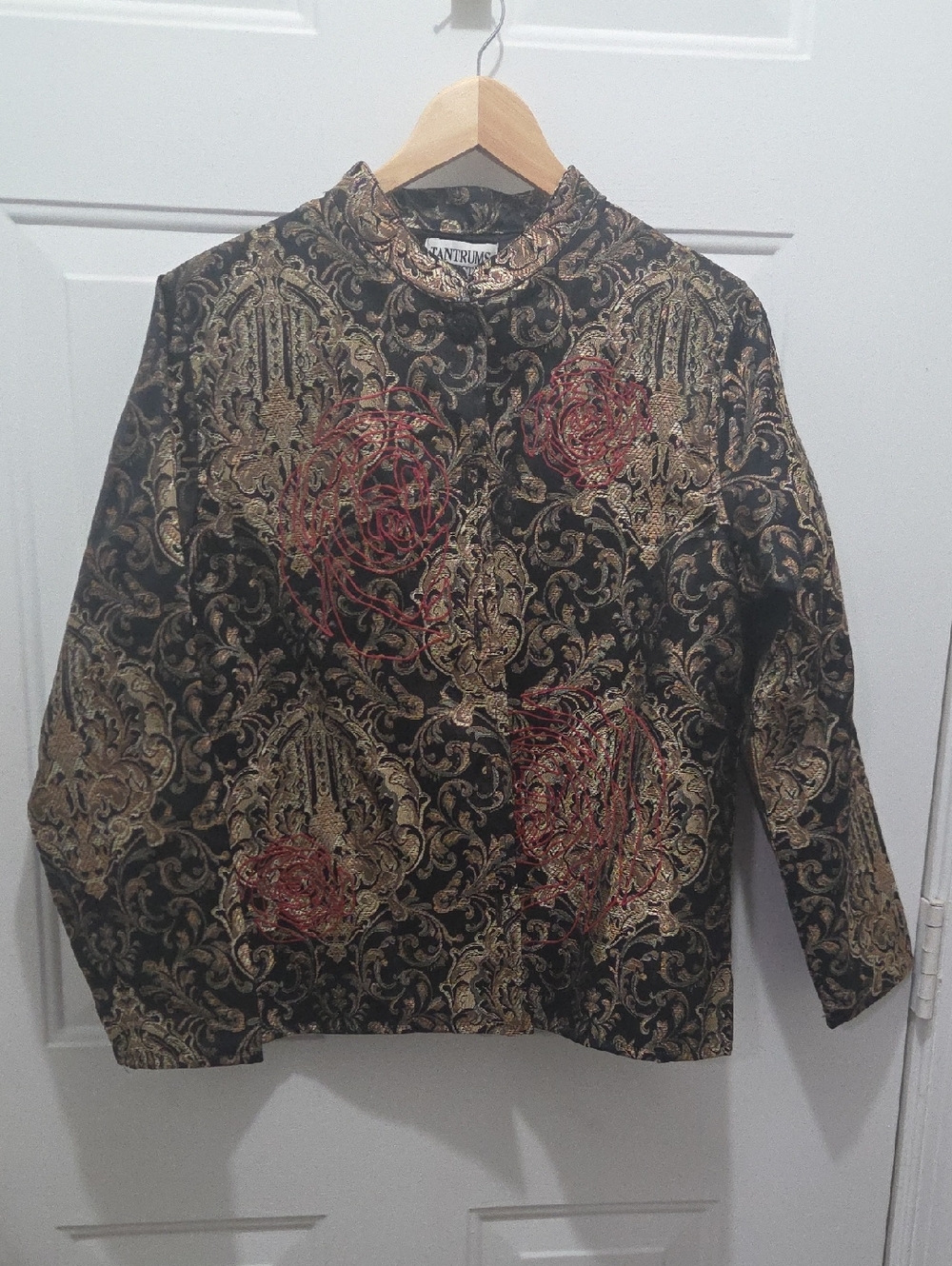 NWOT Tantrums Black and Gold Brocade Jacket with Red Embroidery L